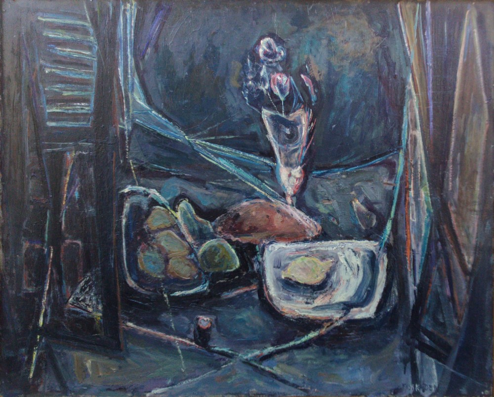 Striking modernist abstracted still life, exhibited 1950 illustrious provenance, oil on board