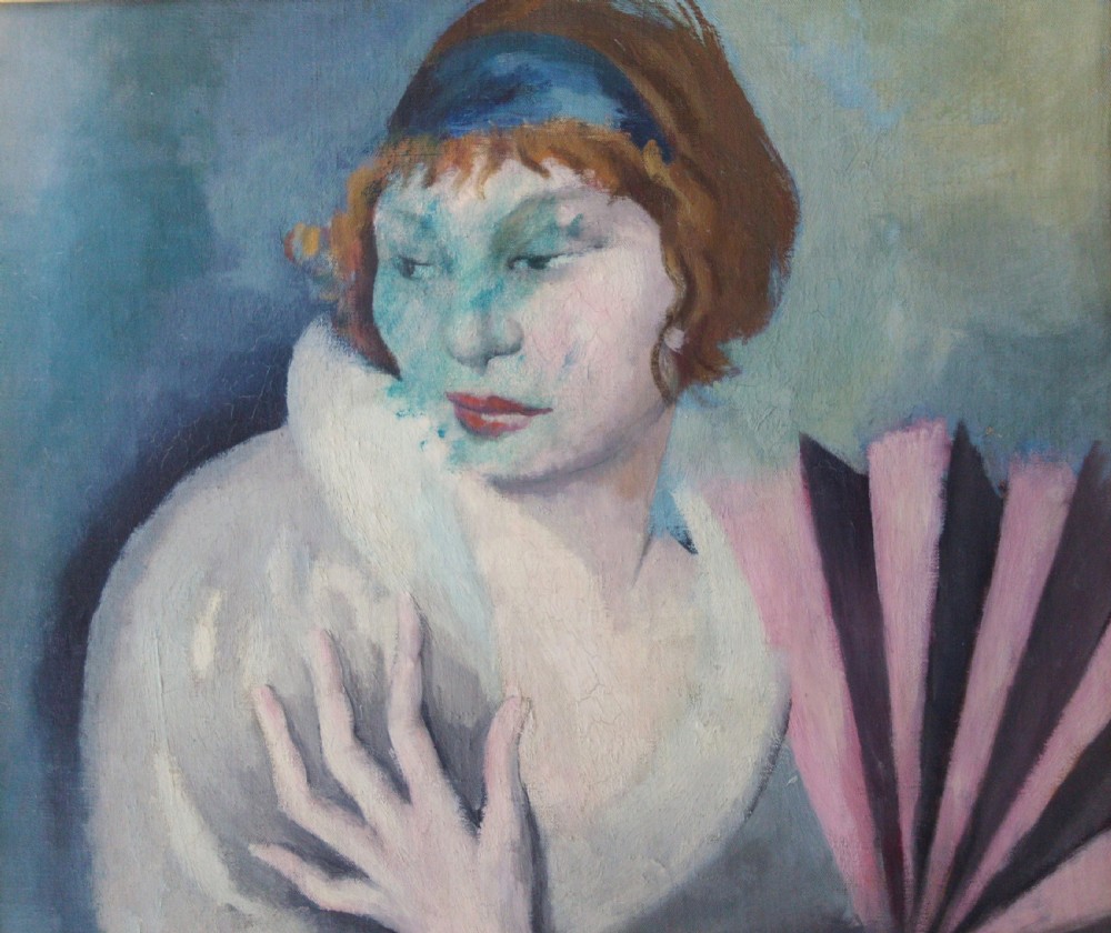 Masterpiece: French Expressionist Portrait of a Beauty with a Fan, circa 1920, oil on canvas View V