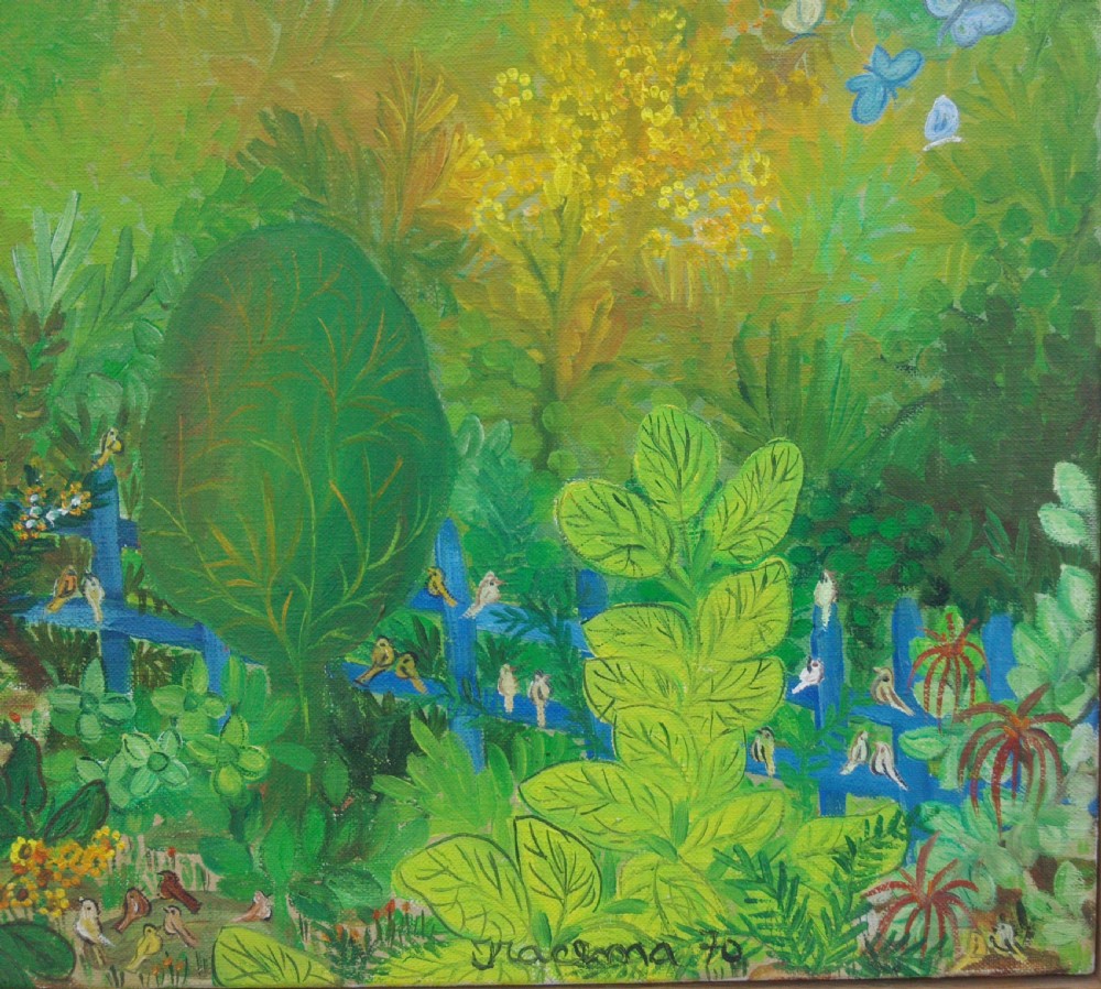 Paradisiacal landscape, flowers and birds: acclaimed  Brazilian naive primitive outsider artist Iracema Arditi View V