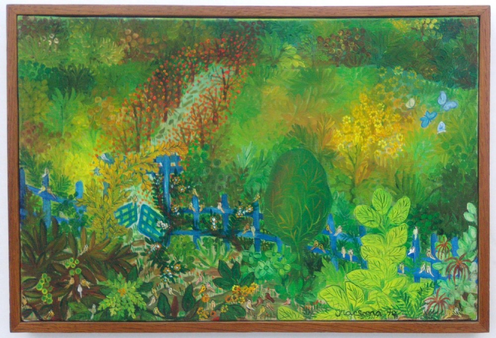 Paradisiacal landscape, flowers and birds: acclaimed  Brazilian naive primitive outsider artist Iracema Arditi View III