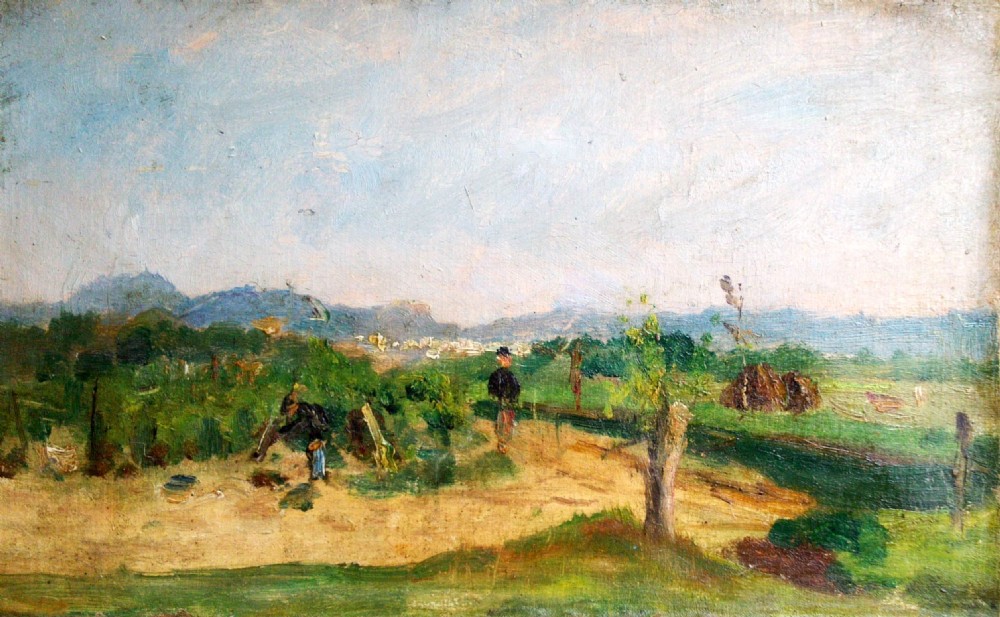 Walkers in a summer landscape, French Impressionist oil, circa 1880