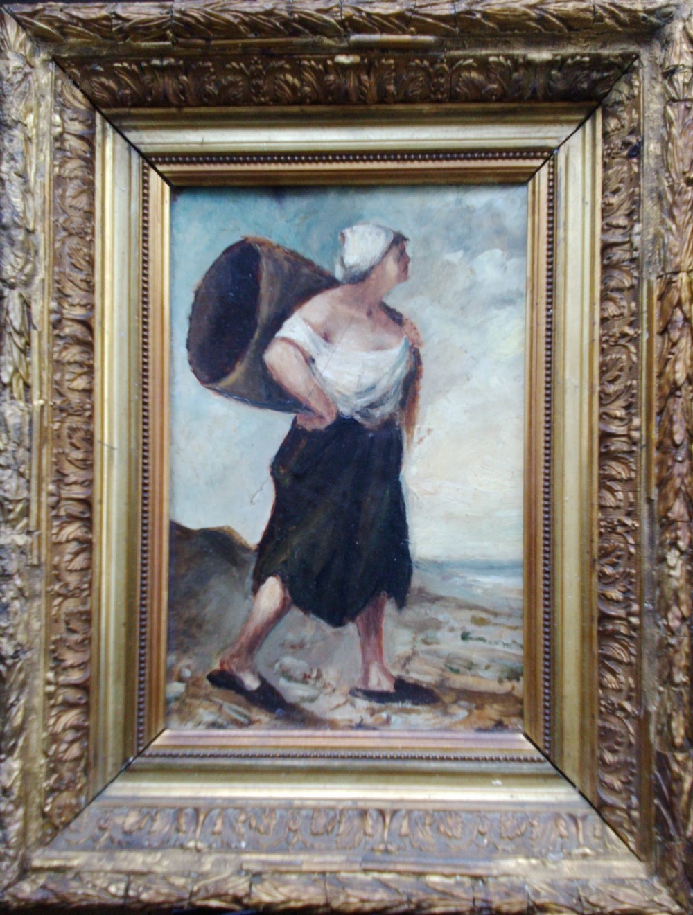 The mussel gather on the beach, circa 1860-1880 French antique atmospheric oil