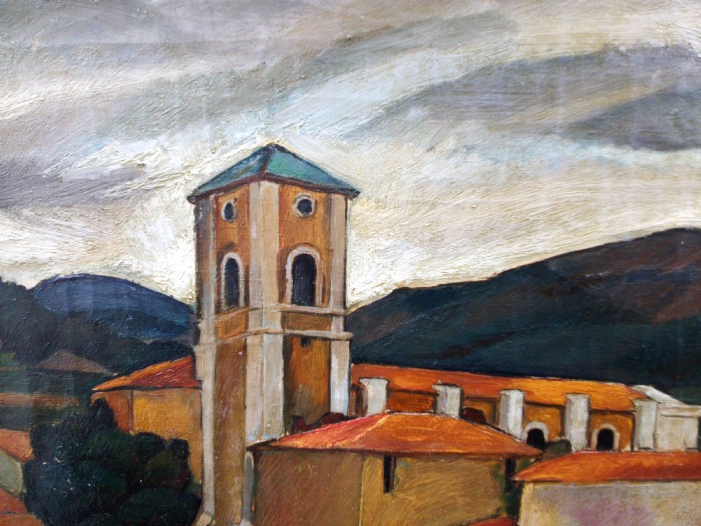 Clouds over an Italian village, ca 1920 French art deco cubist oil on canvas View IV