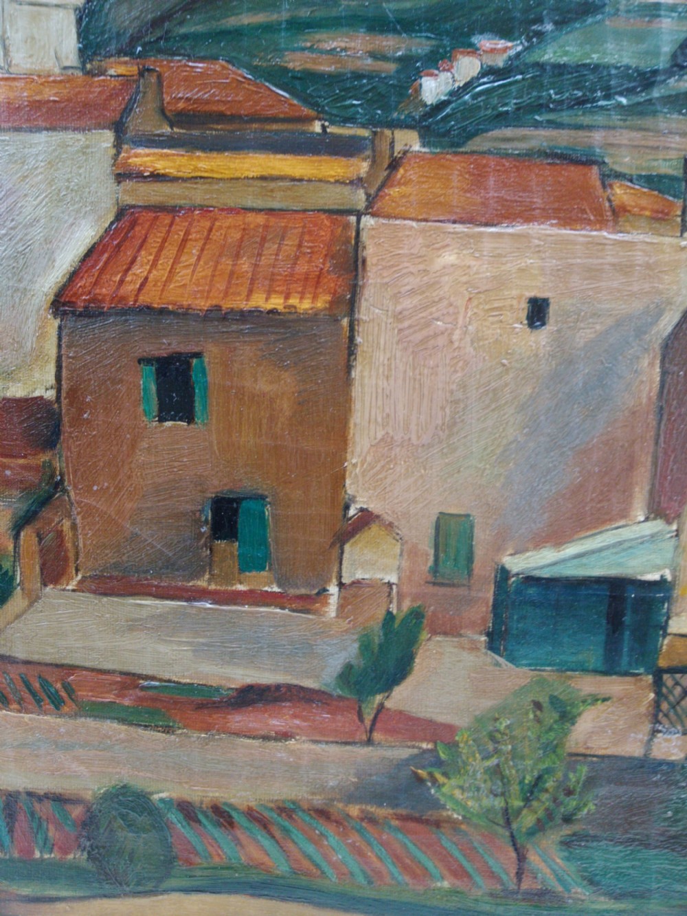 Clouds over an Italian village, ca 1920 French art deco cubist oil on canvas View V