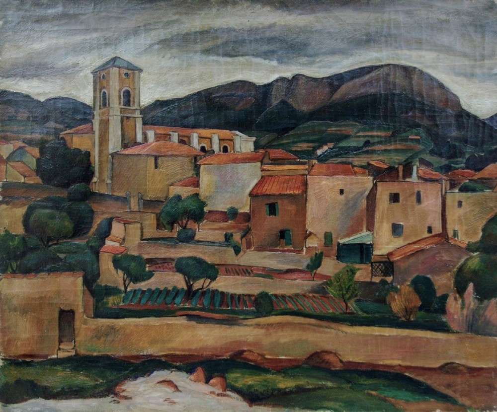 Clouds over an Italian village, ca 1920 French art deco cubist oil on canvas View VIII