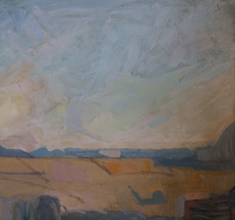 Antique French 1950s modernist: large abstracted rolling landscape oil on canvas View V