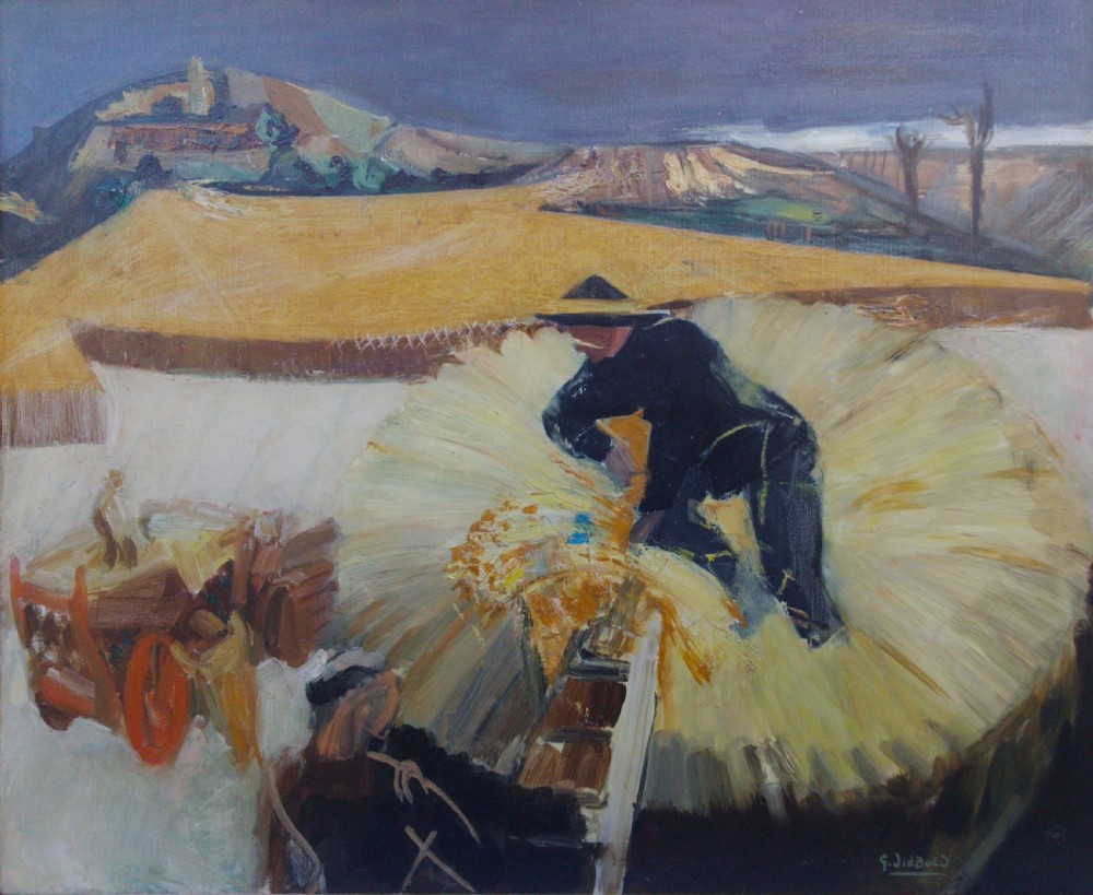 Abstracted hay making scene, French modernist, with St Germain Gallery ca 1960 oil on canvas