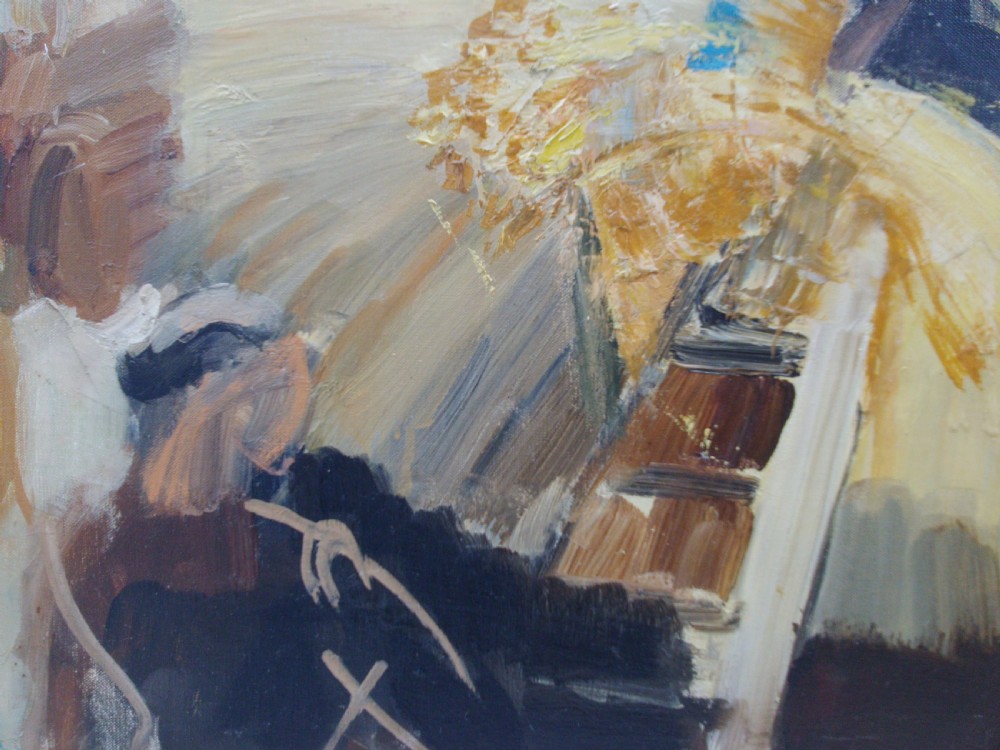 Abstracted hay making scene, French modernist, with St Germain Gallery ca 1960 oil on canvas View IV