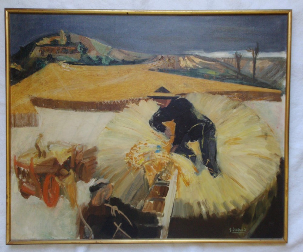 Abstracted hay making scene, French modernist, with St Germain Gallery ca 1960 oil on canvas View IX