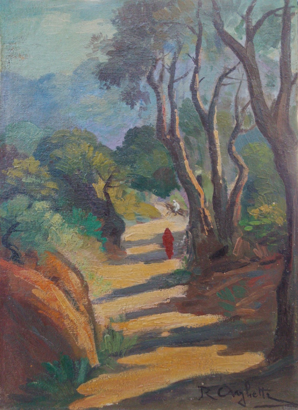 Orientalist Fairy Tale Landscape with a Rider, ca 1930 Art Deco, Roméo Charles AGLIETTI (1878-1956) oil on panel