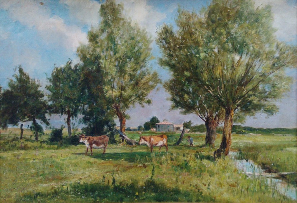 Working on the meadow, French Impressionist ca 1890, pastoral summer landscape