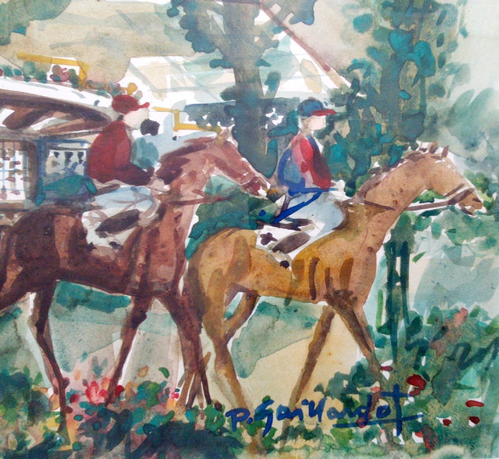 Equestrian scene, riders and horses in a summer landscape, Pierre Gaillardot antique French watercolour on paper View II