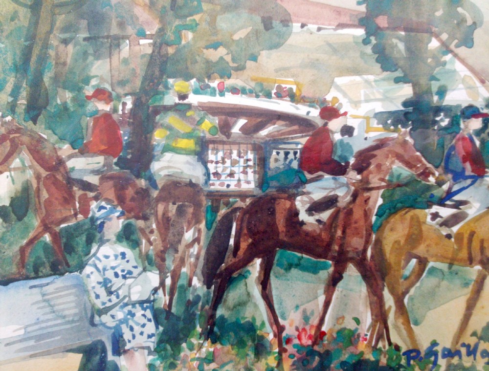 Equestrian scene, riders and horses in a summer landscape, Pierre Gaillardot antique French watercolour on paper View III