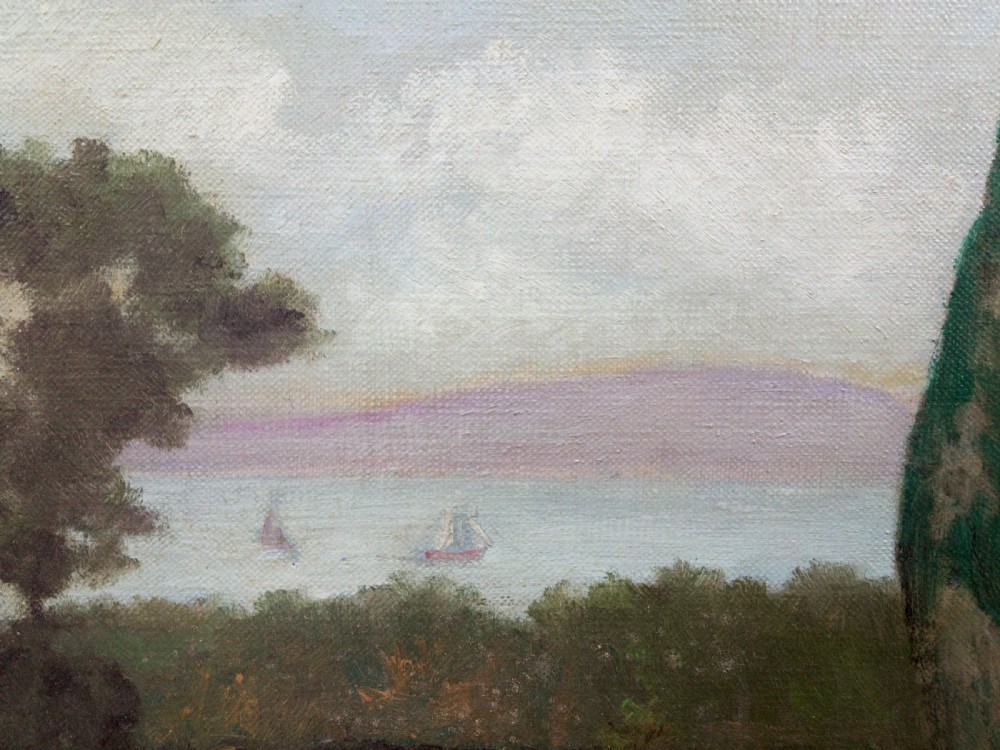 Boats on the waters beyond, morning blue: antique French oil on canvas, ca 1930 View III