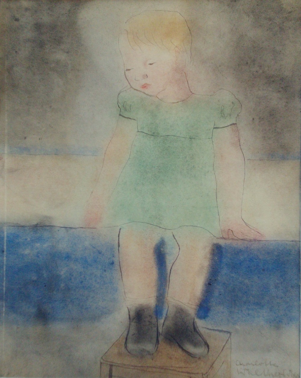 Little girl dangling her legs, Paris 1936 antique pastel by Austrian woman artist Charlotte Walther Wipplinger