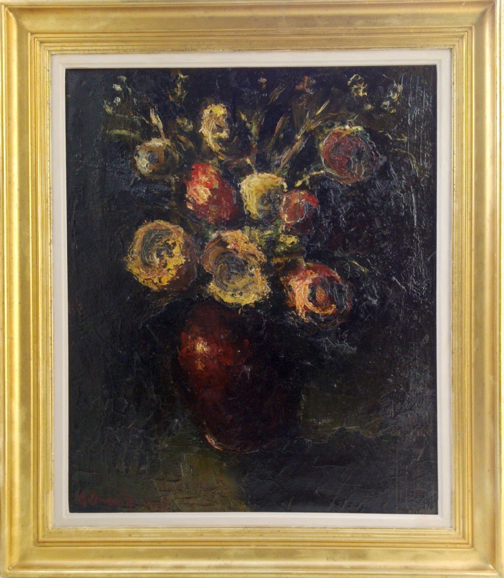 Exuberant French Expressionist Floral Still Life, circa 1950, Master of the chiaroscuro, oil on canvas