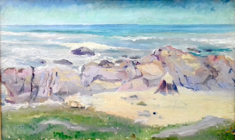 The beach hut, dunes in Brittany, antique French oil on canvas ca 1920.