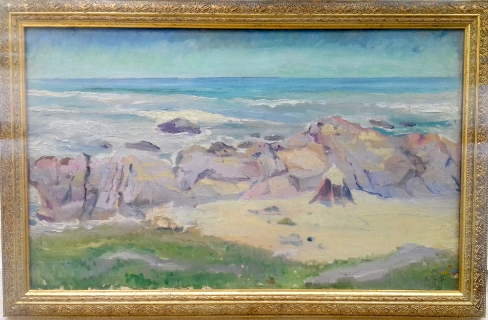 The beach hut, dunes in Brittany, antique French oil on canvas ca 1920. View IV
