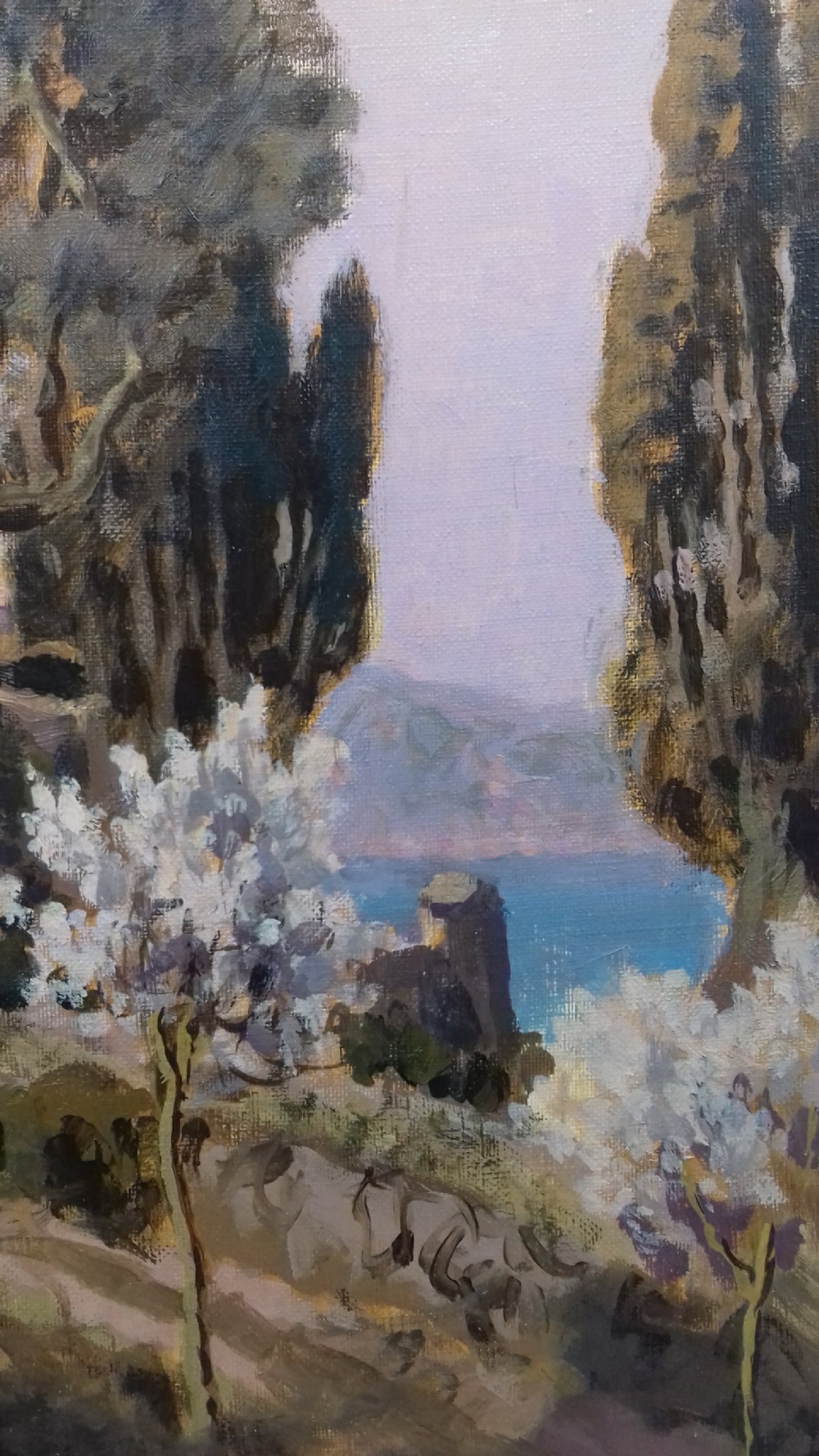 Cote d'Azur, The French Riviera near Menton, Provence Southern landscape antique oil on canvas  View III