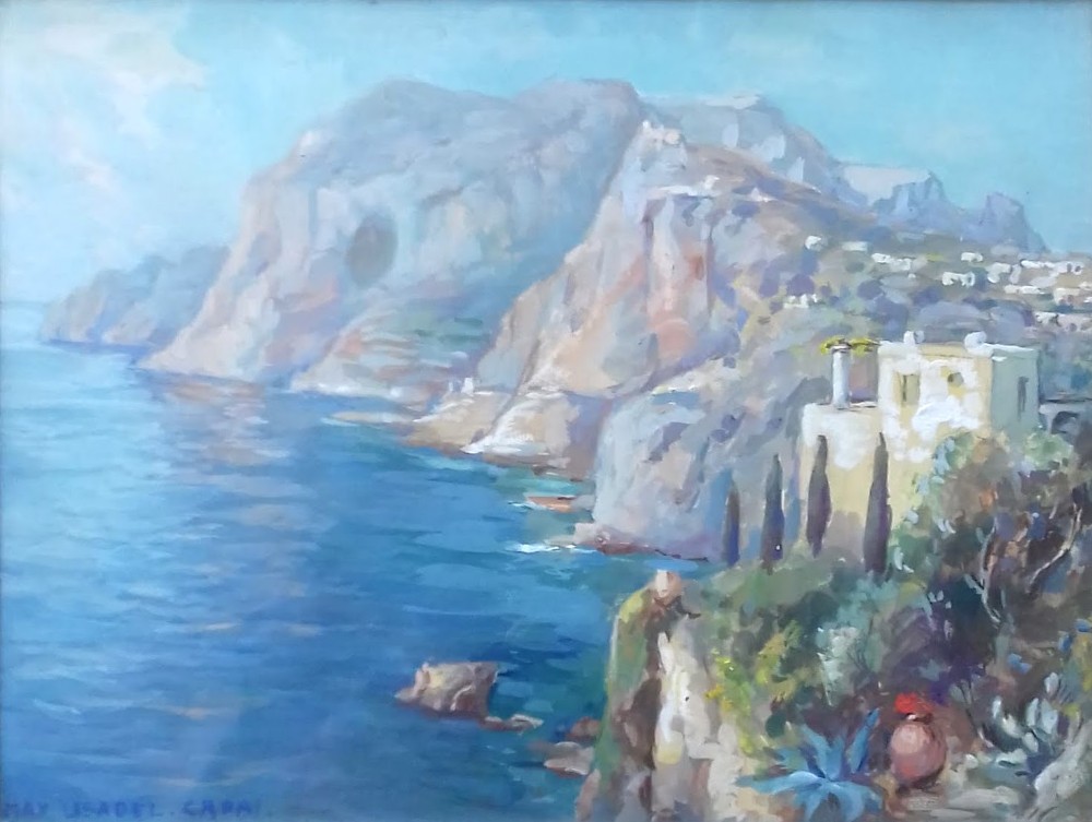 Capri, Italy : scintillating view over the bay art deco gouache on paper 