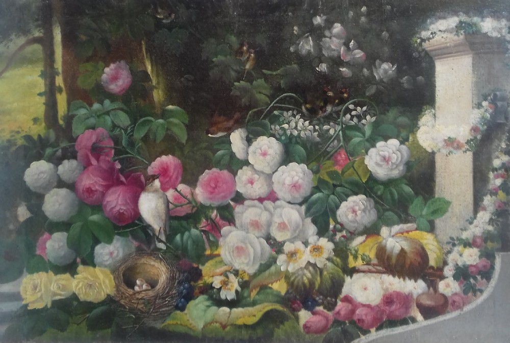 Swallows nesting in a park landscape, circa 1860 French antique idealised oil on canvas - birds and garden