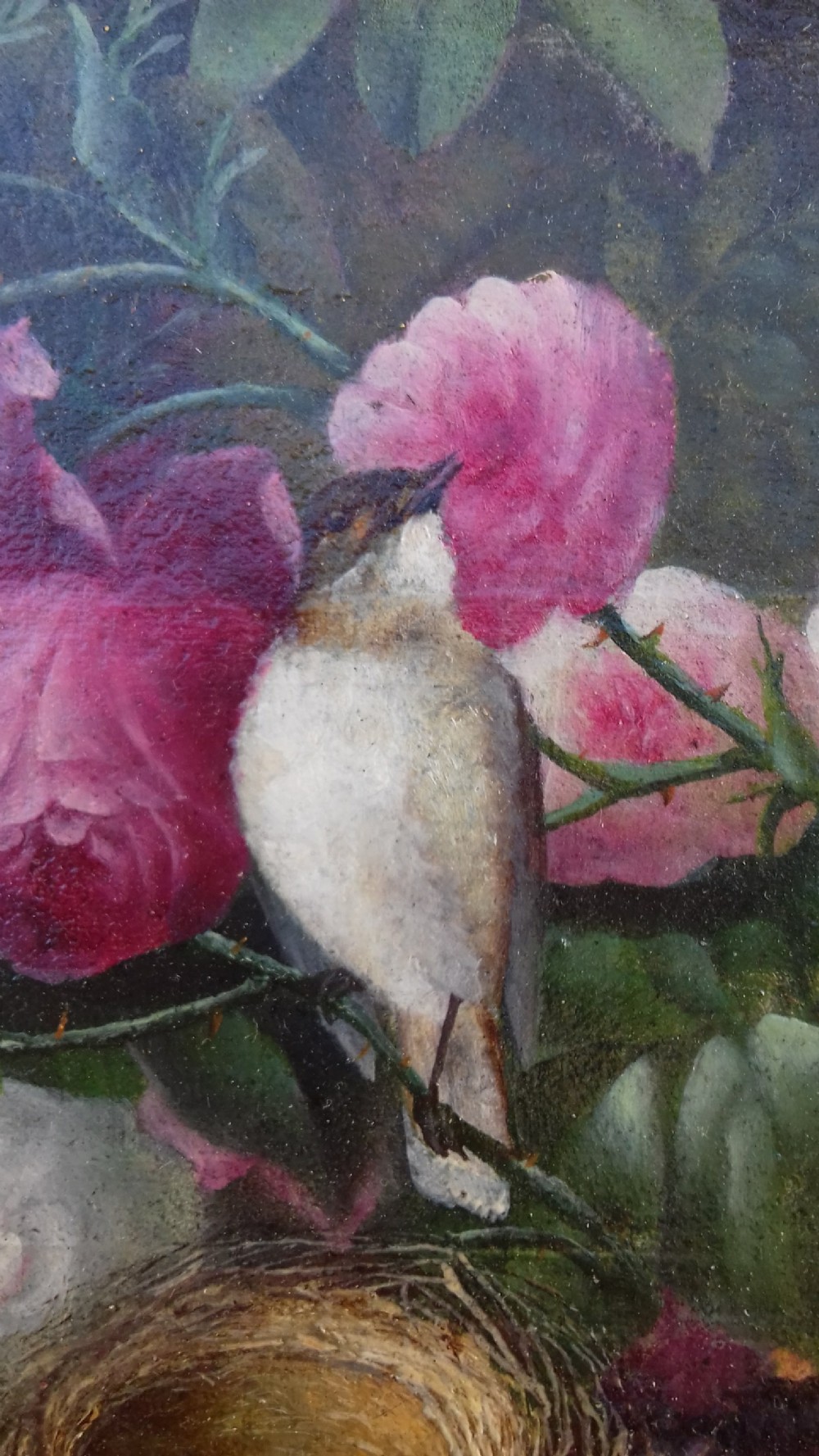 Swallows nesting in a park landscape, circa 1860 French antique idealised oil on canvas - birds and garden View IV