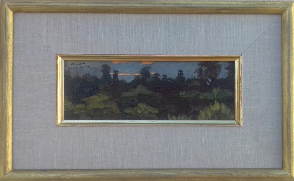 Mysterious landscape in evening light dedicated to Monet, circa 1900, antique French miniature oil on panel View IV