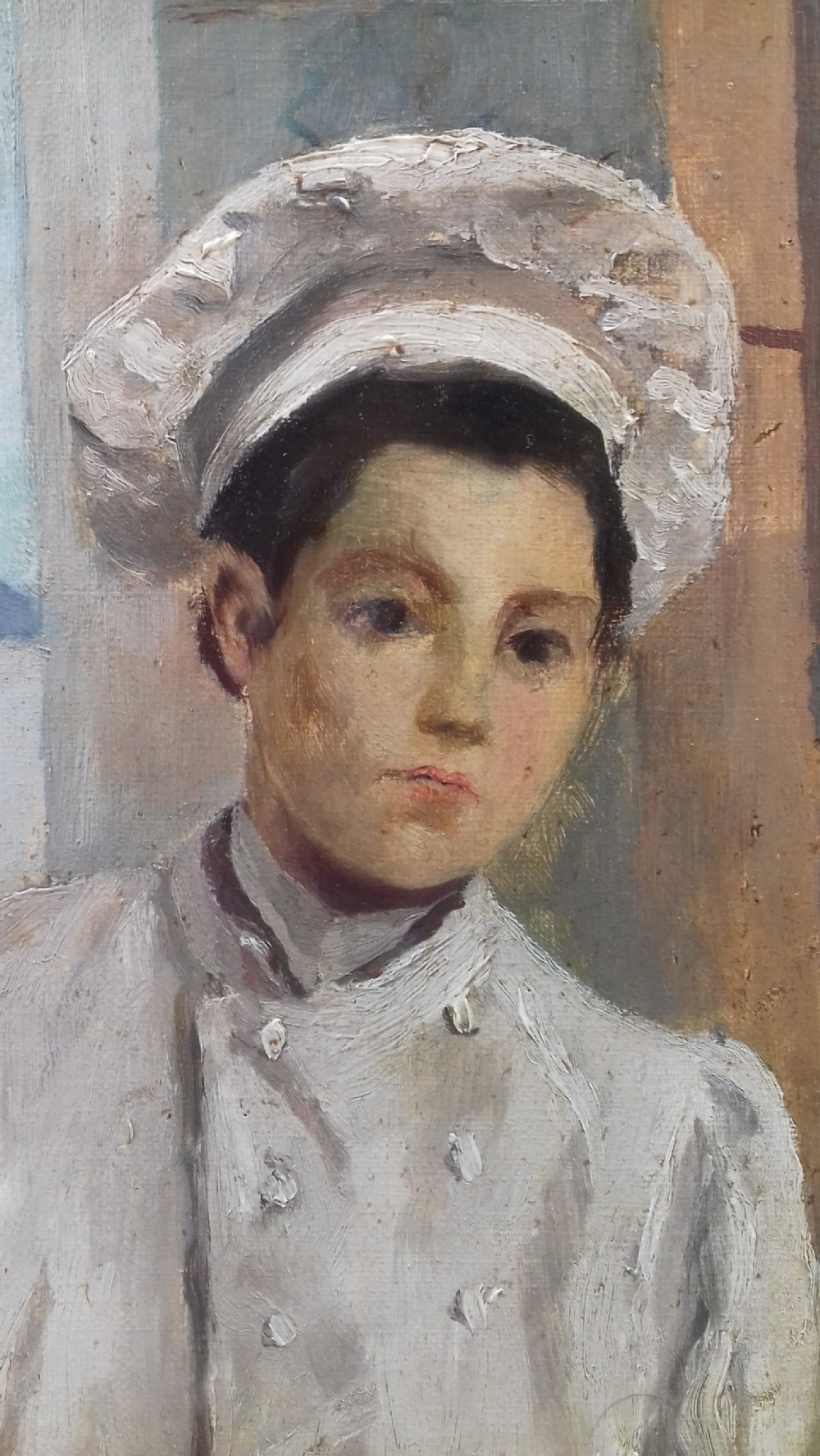 The young cook in chef's whites and toque,1900 French antique oil on canvas View III