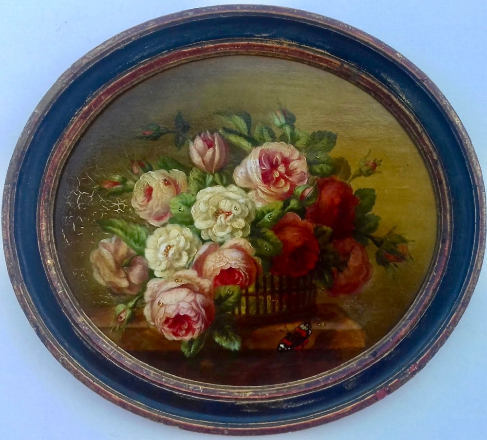 Roses, ladybird and butterfly, France 19th century Floral Still Life, antique oil on panel