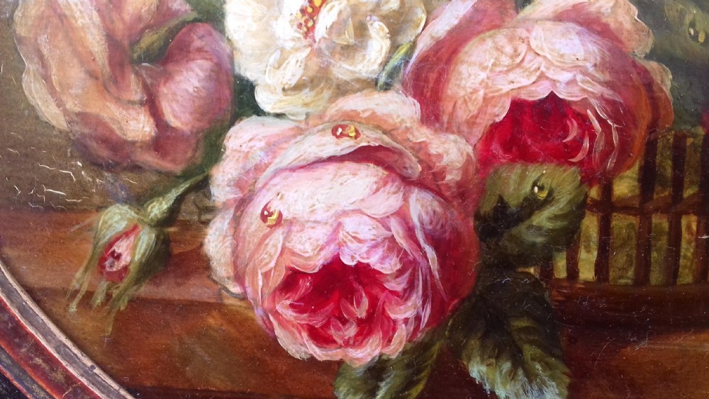 Roses, ladybird and butterfly, France 19th century Floral Still Life, antique oil on panel View III
