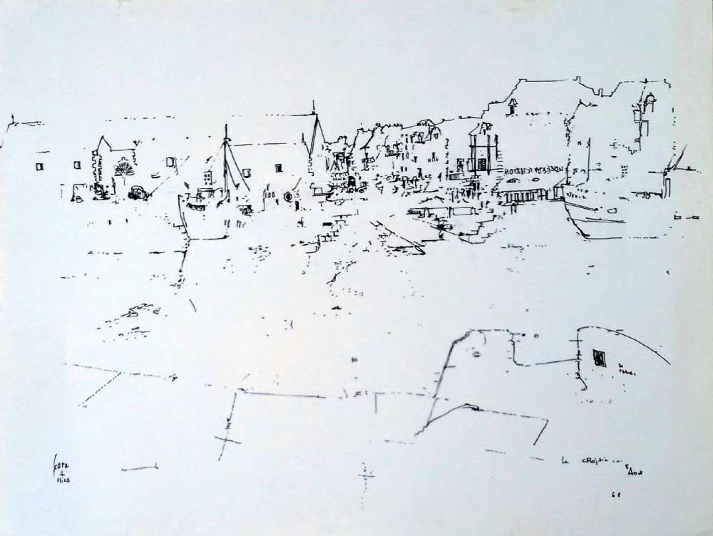 Abstracted modernist seaside scene, the harbour at Le Croisic, Brittany, France,  August 1968, large maritime drawing by Cara Costea
