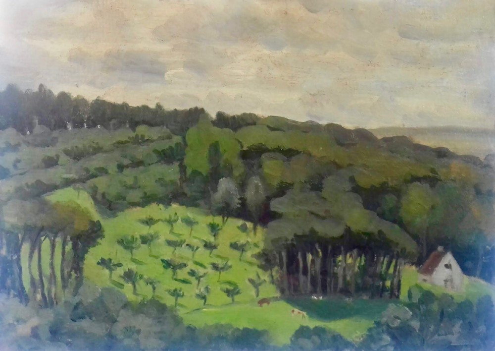 Rolling hills, fauve Normandy landscape with grazing cattle - Paris street scene verso - French antique oil on panel 1940