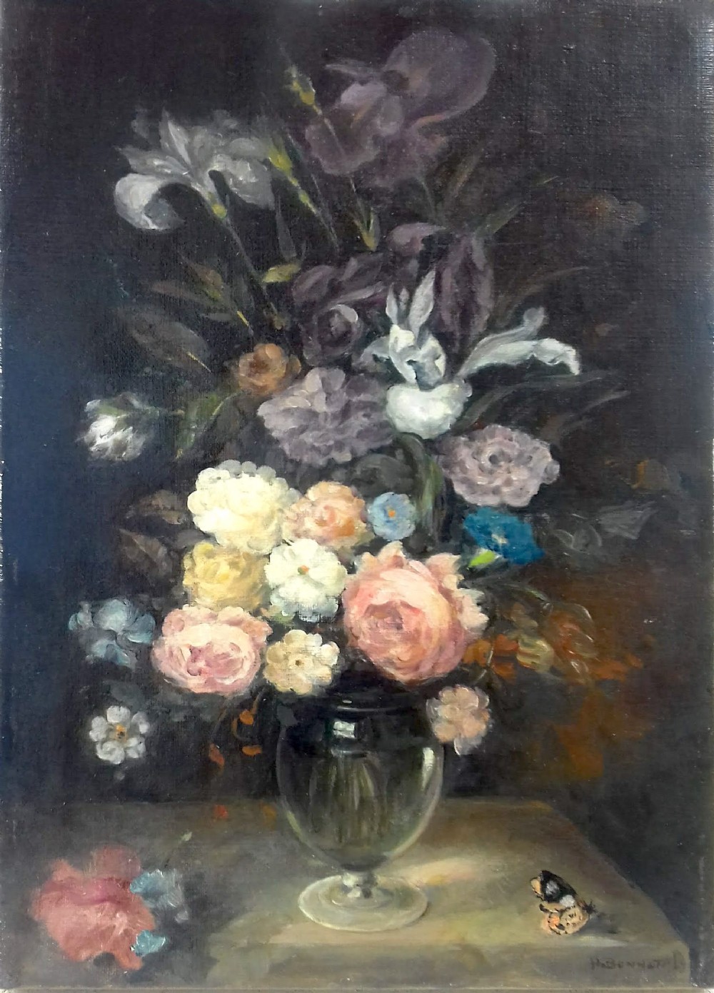 Flowers and Butterfly, Floral Still Life ca 1930 antique French oil on canvas