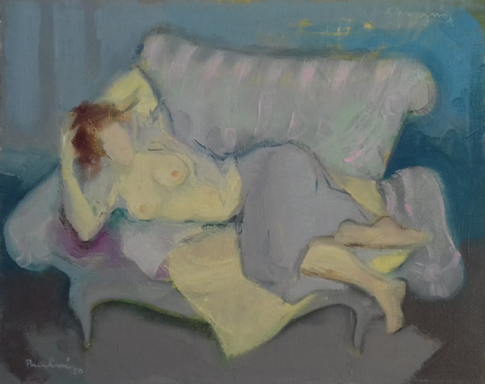 State of Undress: French Expressionist Nude on a sofa, 1949 modernist oil on canvas