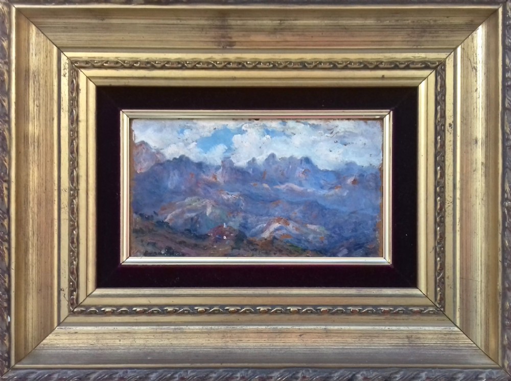 Mysterious impressionist mountain landscape, circa 1890, antique French or Swiss  miniature oil on panel