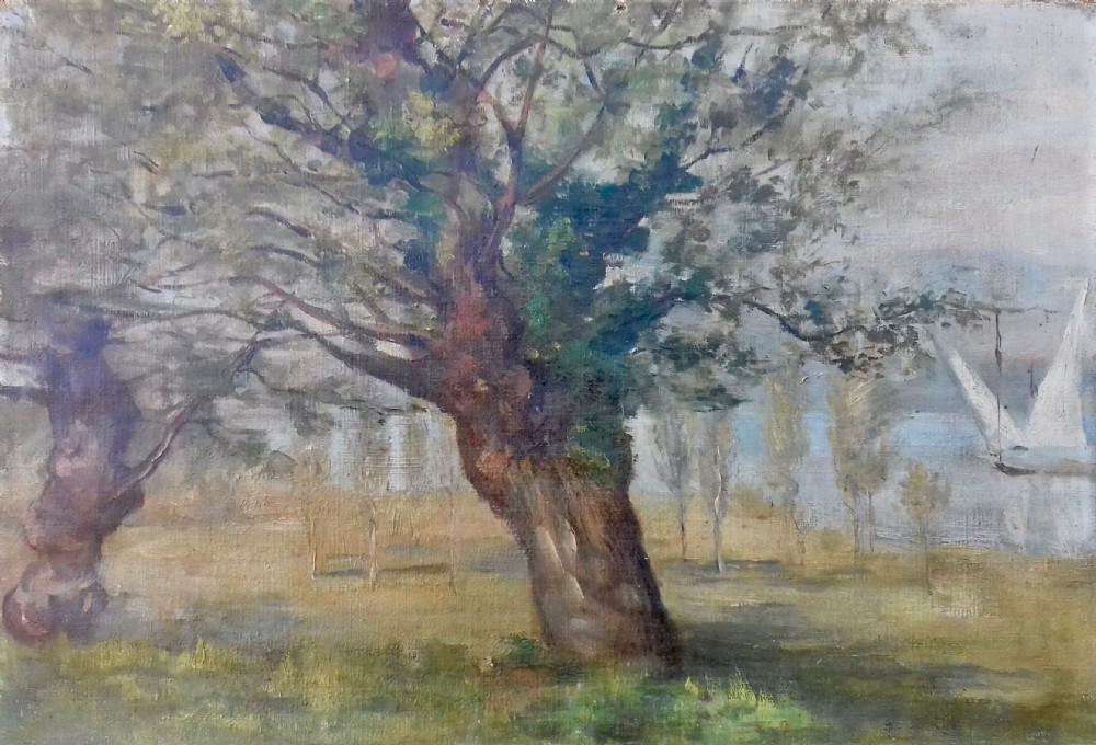 Ancient tree and sail boat French 19th Century Realist landscape oil on canvas