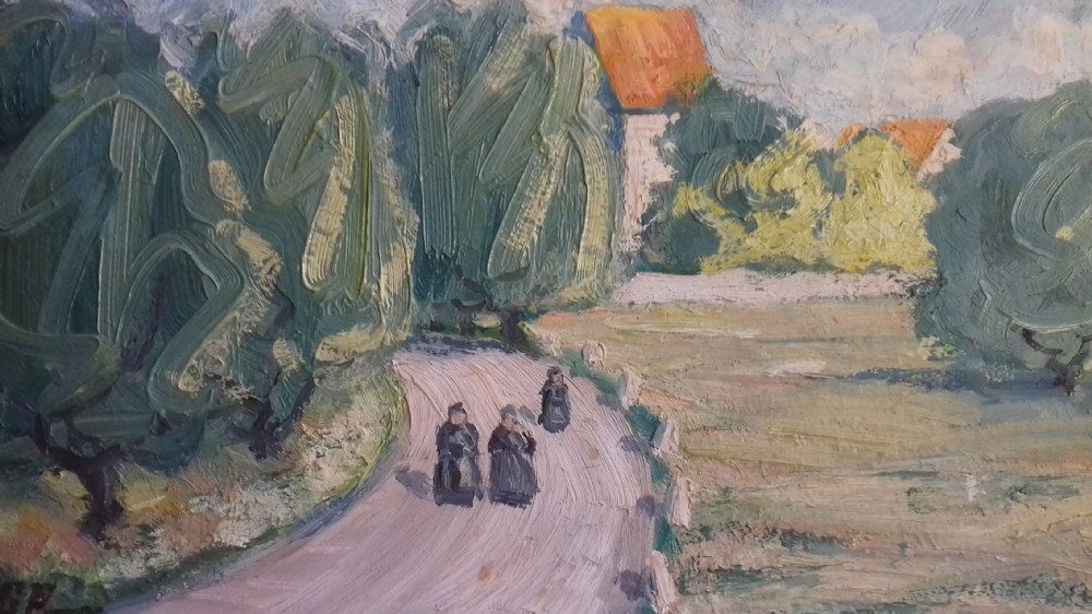 Swedish 1930s summer landscape with figures, Skane County, Sweden: Expressionist oil on board painting View IV