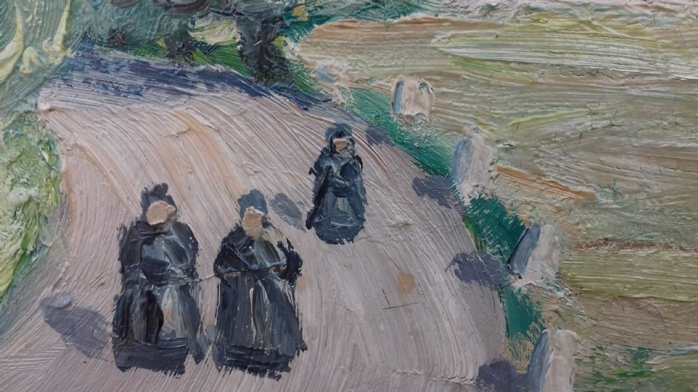 Swedish 1930s summer landscape with figures, Skane County, Sweden: Expressionist oil on board painting View III