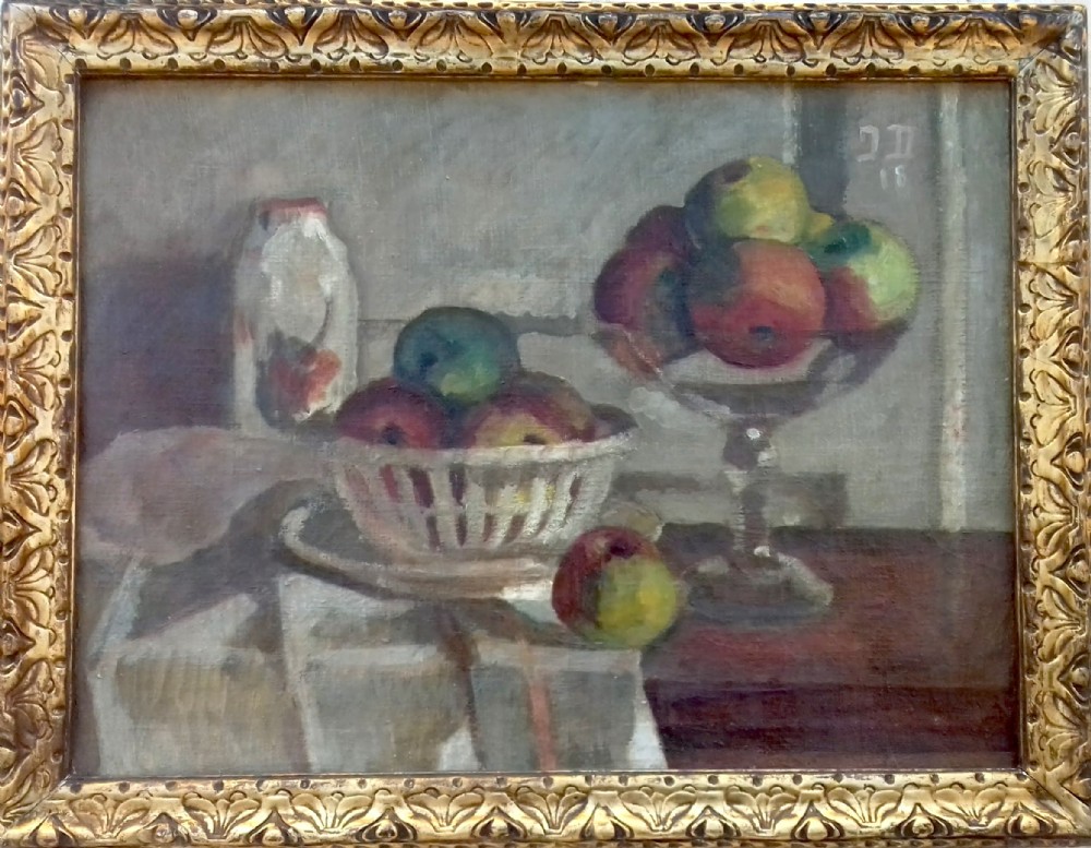Cezannian still life with apples, 1918, cubist oil on canvas by Swiss woman artist Jeanne Dreyfus