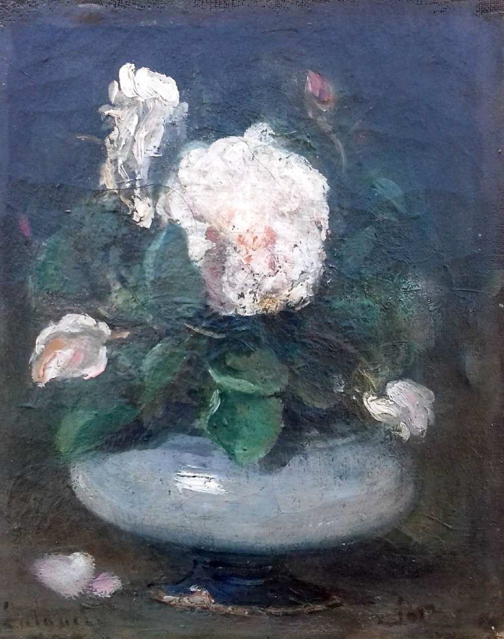 Floral still life with roses, Fantin Latour-like Impressionist bouquet oil on canvas by Latouche