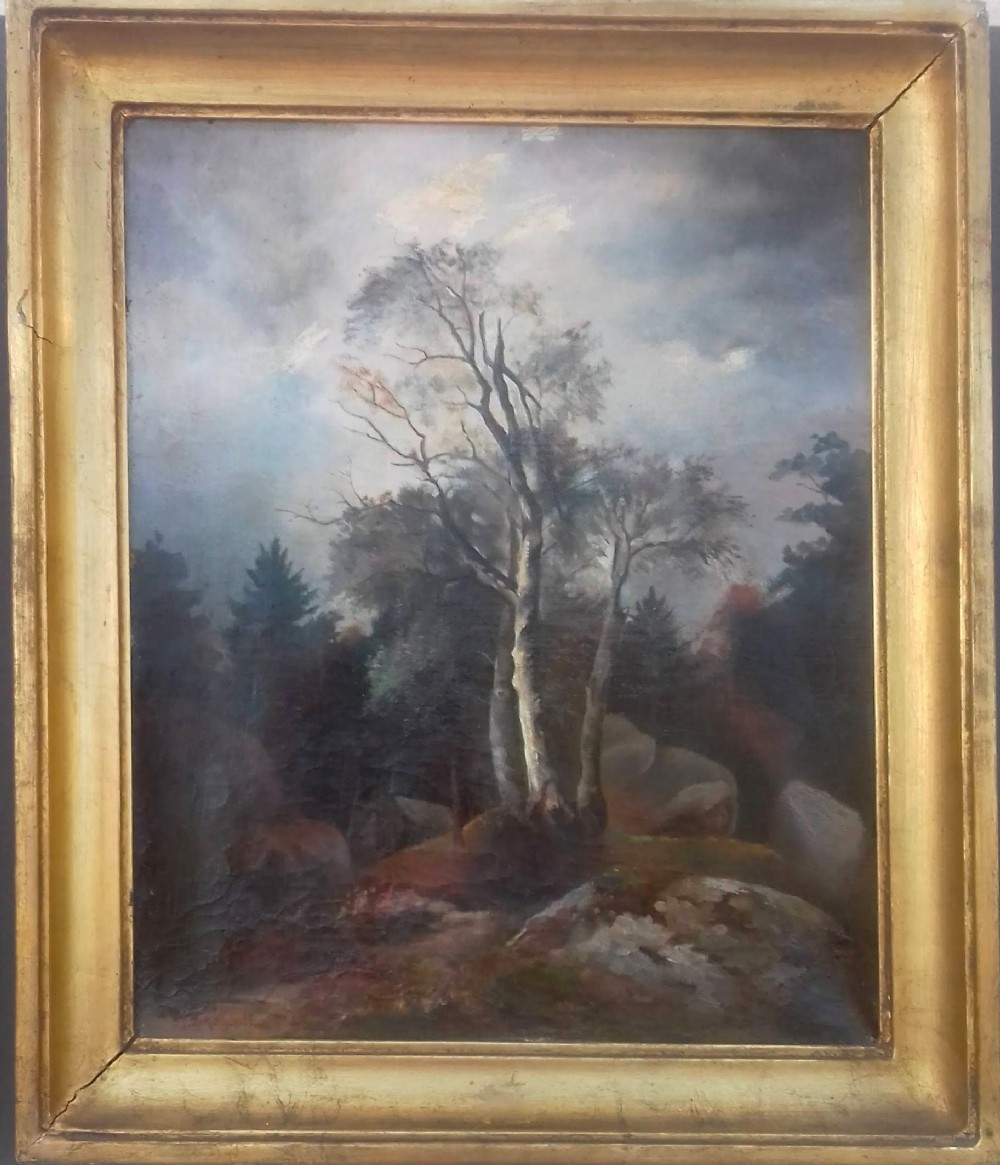 French Barbizon woodland autumn landscape with rocks,  Fontainebleau forest  1887 antique oil on canvas