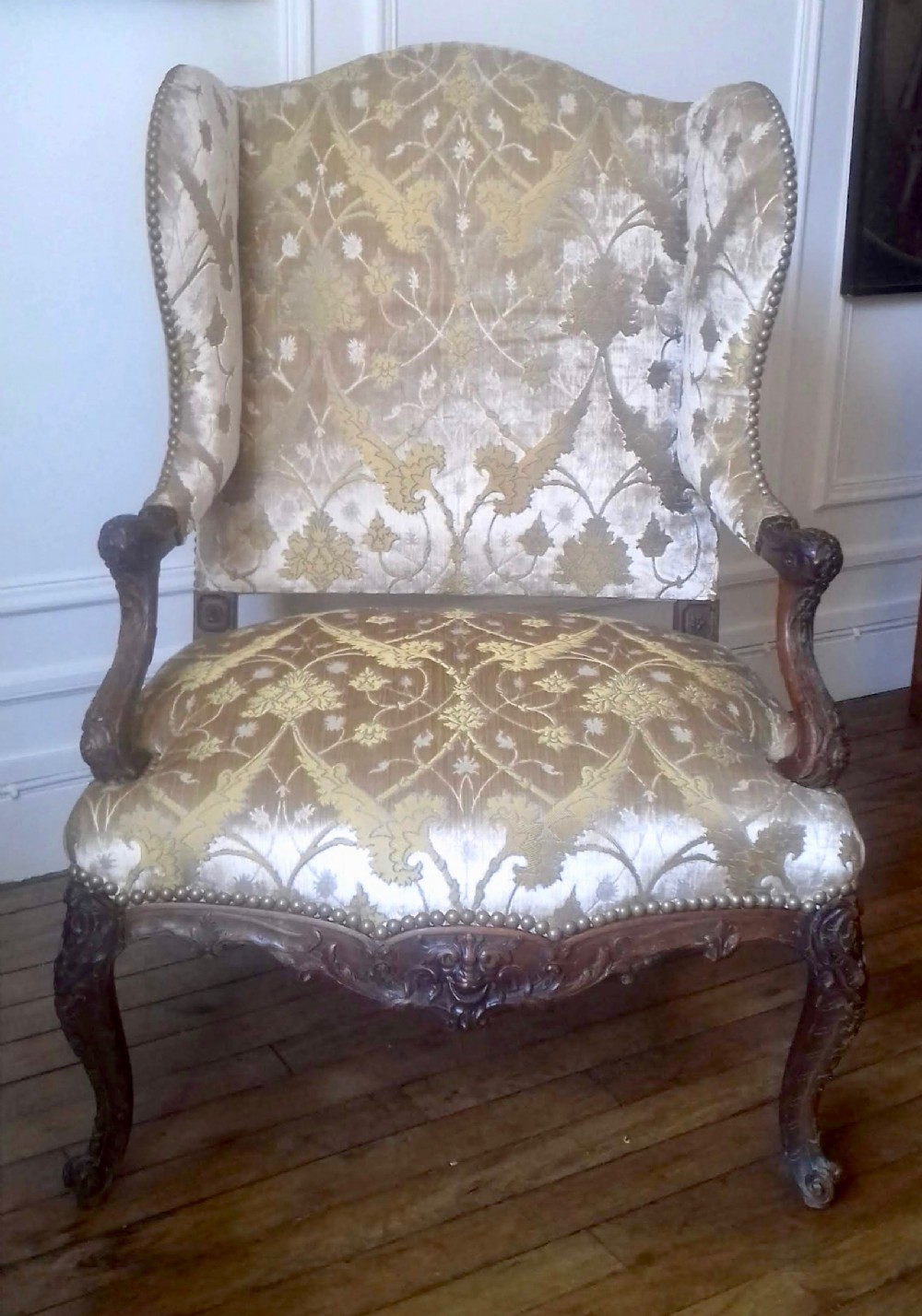 Masterpiece: large Louis XV wingback armchair by master cabinet maker Guillaume-Edmond Lexcellent (b.1834)