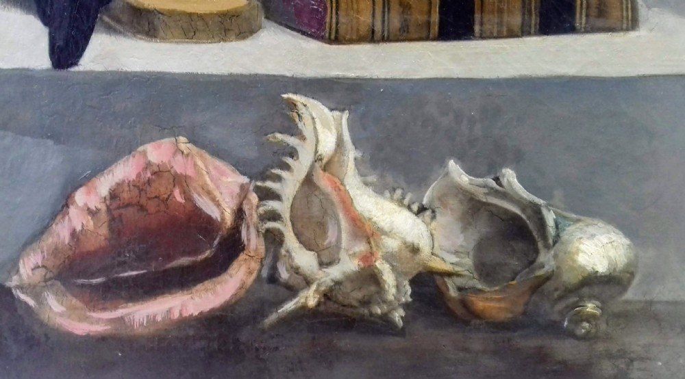 The library: surrealist still life with jackdaw, jay, books and sea shells: gothic French oil on canvas View II