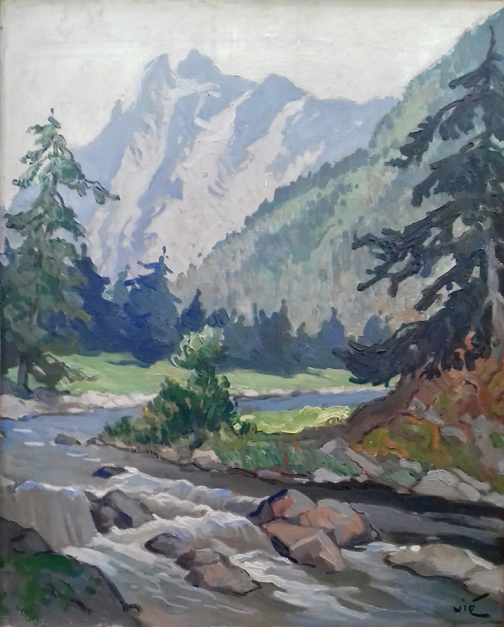 White water rapids in the mountains, the Pyrenees, French rugged river landscape by Gabriel Vie, antique oil on canvas
