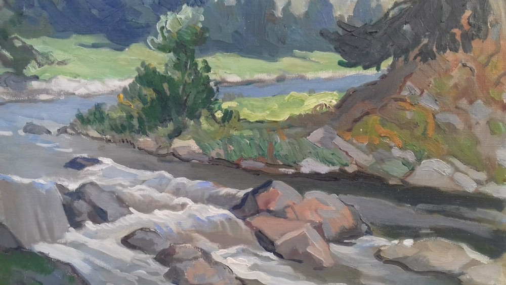 White water rapids in the mountains, the Pyrenees, French rugged river landscape by Gabriel Vie, antique oil on canvas View III