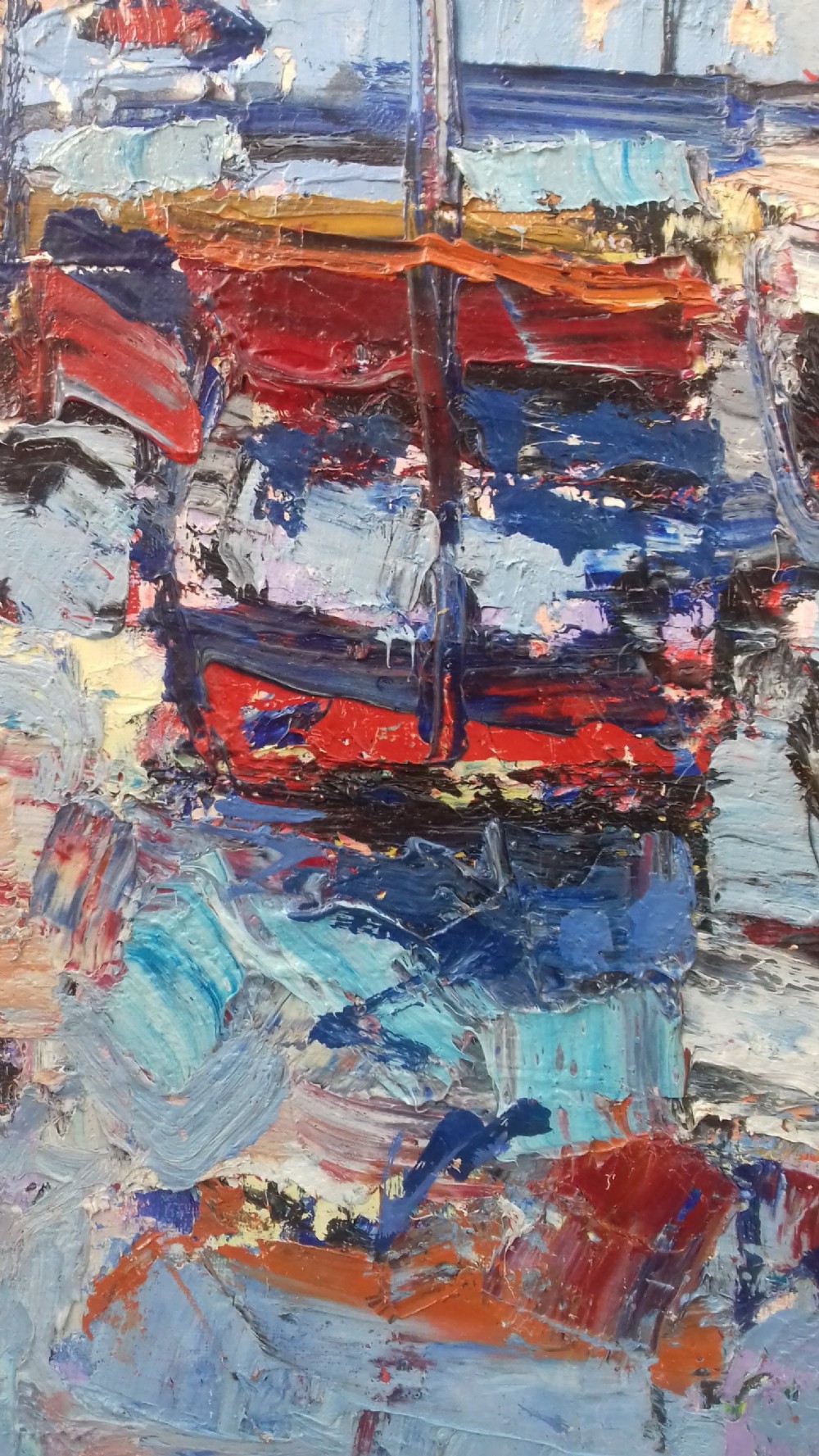 Boats and Water, abstract marine landscape, 1963 by noted French Normandy modernist André Raffin oil on canvas View V