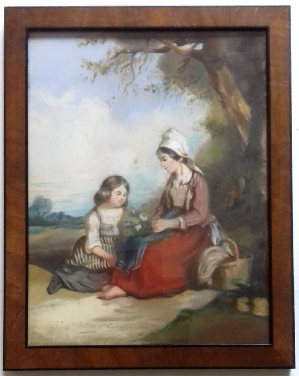 Picnic in the countryside, 1847  a rest having gathered flowers, mother and child antique French pastel on paper