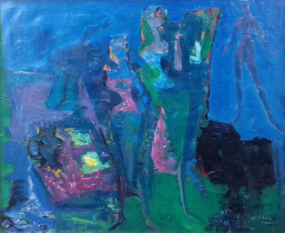 Abstracted still life with artist and easel, French 1946 fauve expressionist oil on canvas