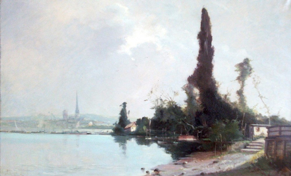 Pre impressionist river landscape, the Seine at Rouen, Normandy, the Ile Lacroix ca 1870 oil on canvas
