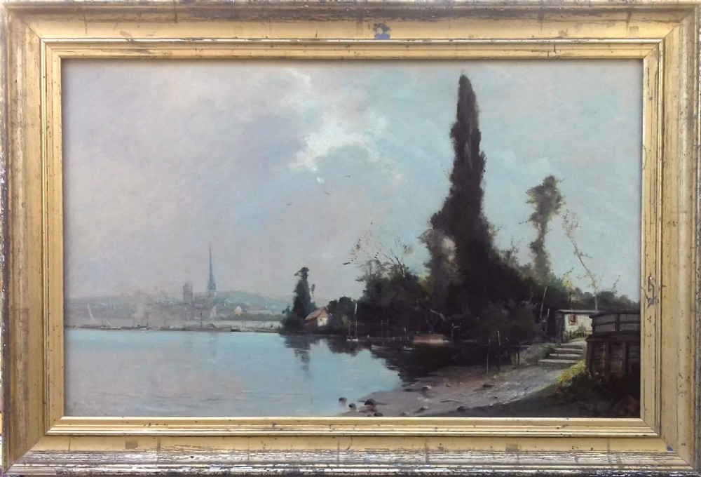 Pre impressionist river landscape, the Seine at Rouen, Normandy, the Ile Lacroix ca 1870 oil on canvas View II